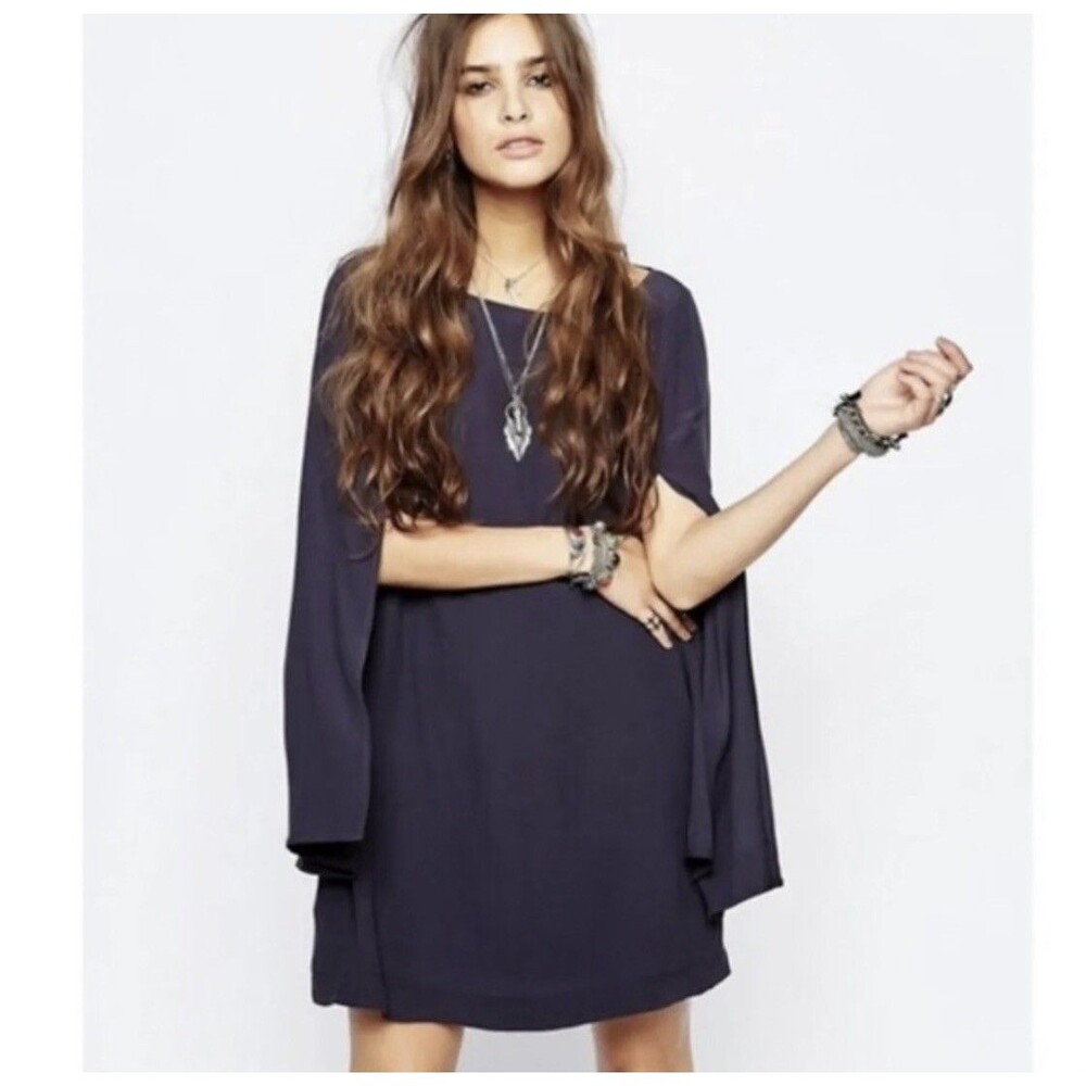 Free People Some Like It Hot Cape Dress Split Sleeves Navy Blue Size XS NEW